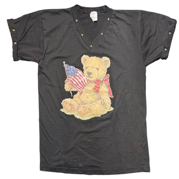 Penney Lynn Tops - Vintage Penney Lynn USA Teddy Bear Flag Studded V-Neck Tee Black Medium‎